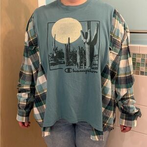 Champion Teal and Plaid Long Sleeve Flannel Shirt Rework